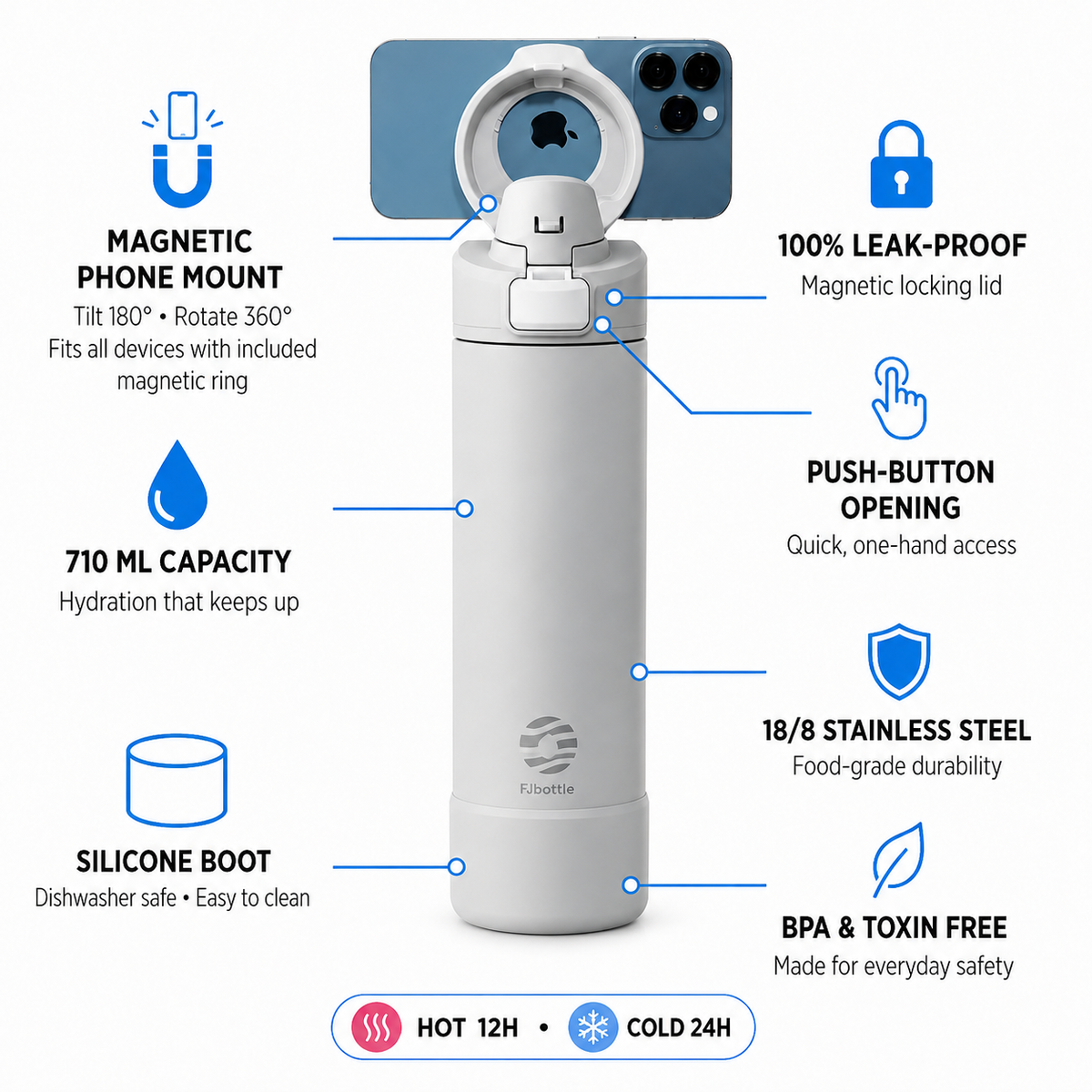 Silver 710 ml magnetic phone holder water bottle
