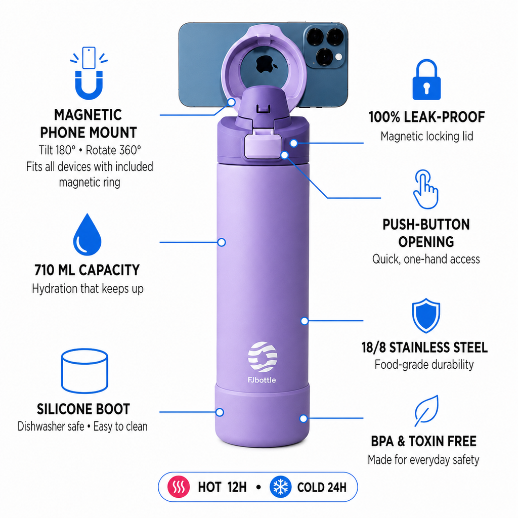 Purple 710 ml magnetic phone holder water bottle