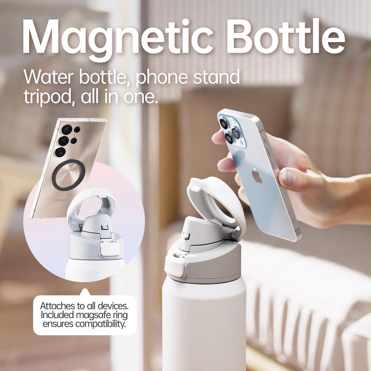 Black 710ml magnetic phone holder water bottle