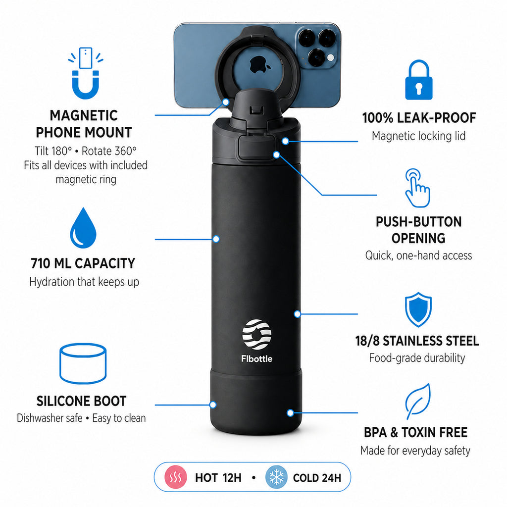 Black 710ml magnetic phone holder water bottle